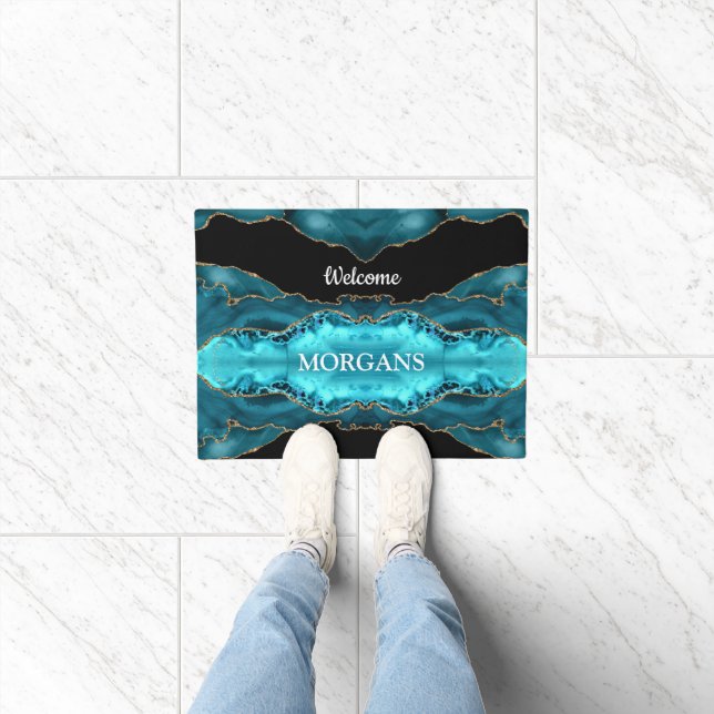 Black Gold & Teal Agate, White Monogram & Name Doormat (Indoor)
