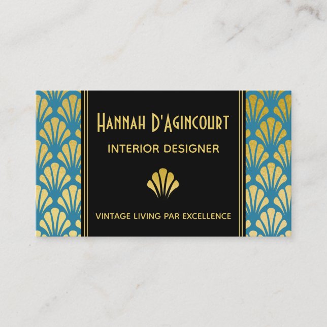 Black, Gold, Teal Art Deco Fans Pattern Chic Business Card (Front)