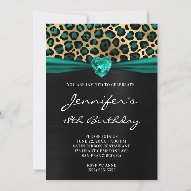 Black Gold Teal Green Leopard Foil 18th Birthday Invitation (Front)