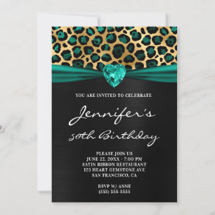 Black Gold Teal Green Leopard Foil 50th Birthday Invitation