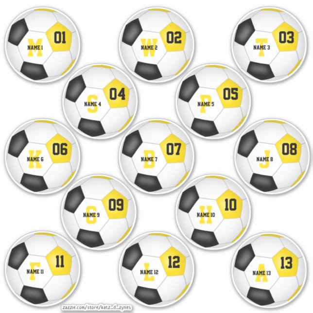 black gold team colours 13 soccer stickers (Front)