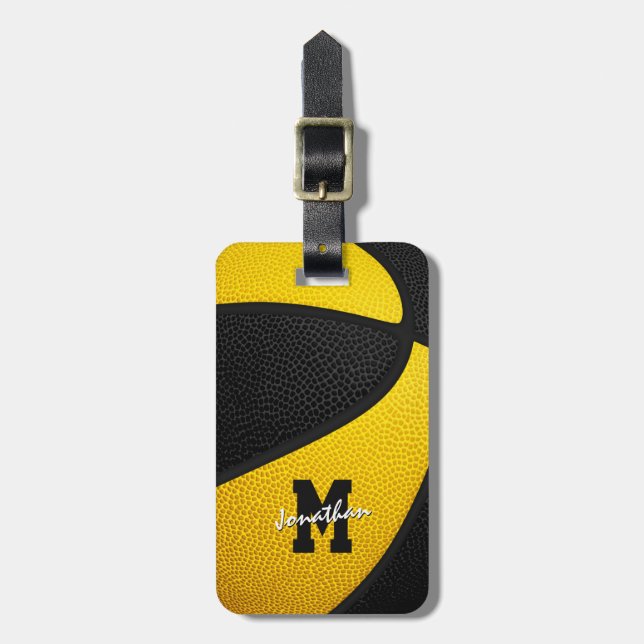 black gold team colours monogrammed basketball luggage tag (Front Vertical)