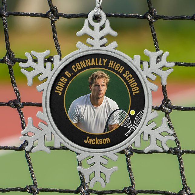 Black Gold Tennis Player Photo High School Snowflake Pewter Christmas Ornament (Creator Uploaded)