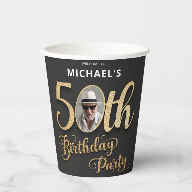 Black Gold Text Custom Photo 50th Birthday Party  Paper Cups (Front)