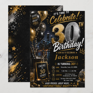 Black Gold Thirtieth Birthday Party Invitation