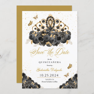 Black & Gold Tiara Save The Date Quinceañera Invitation
