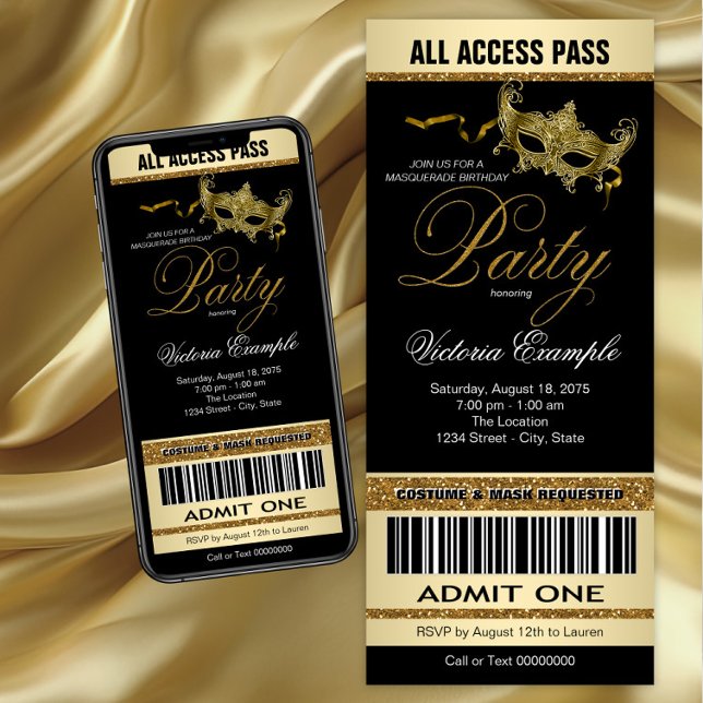 Black Gold Ticket Style Masquerade Party Invitation (Black gold masquerade party invitation. Instant download and printed invitations available.)