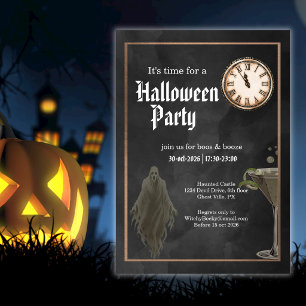 Black Gold Time For Boos and Booze Halloween Party Invitation