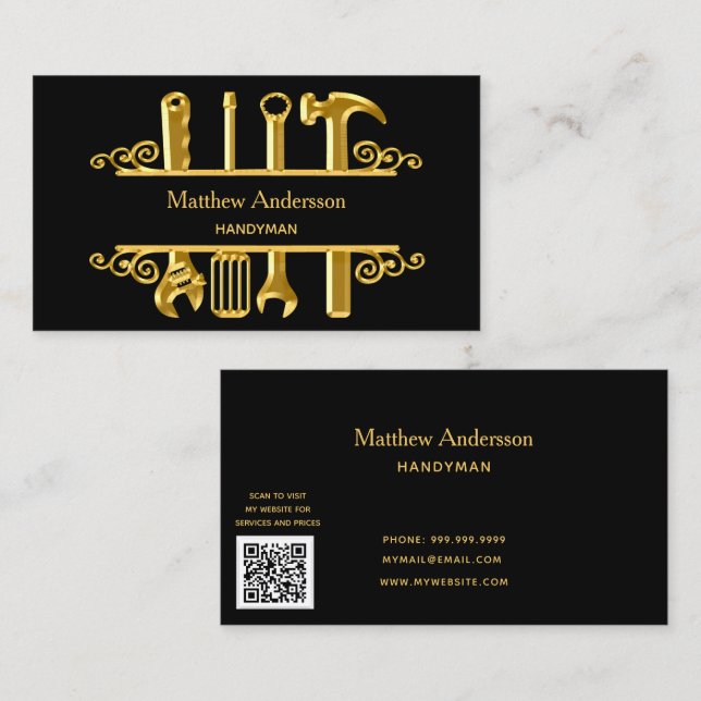 Black gold tools home repairs contractor QR code Business Card (Front/Back)