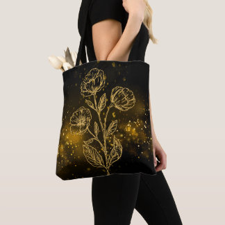 Black & Gold Tote Bag Gold Flowers