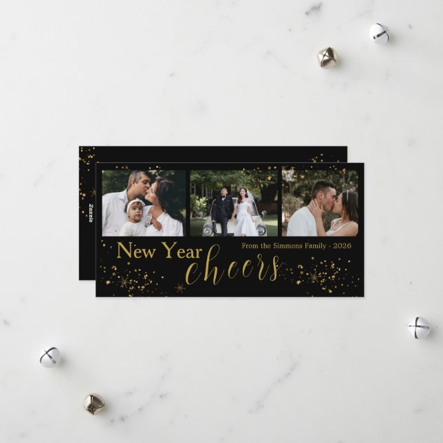 Black Gold Trendy New Year Cheers Photo  Holiday Card (Front/Back In Situ)