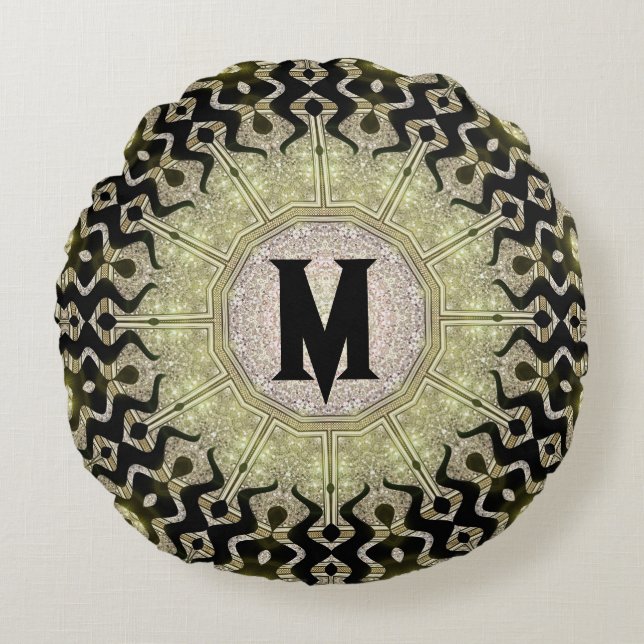 Black Gold Tribal Glam Custom Name Monogram Round Cushion (Front)