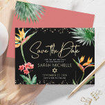 Black Gold Tropical Bat Mitzvah Floral Palm Modern Save The Date<br><div class="desc">Make sure all your friends and relatives will be able to celebrate your daughter’s milestone Bat Mitzvah! Send out this chic, personalised “Save the Date” announcement card. Stunning, colourful, tropical watercolor birds of paradise flowers, faux gold handwritten script, Star of David and glitter dots, along with modern sans serif type,...</div>