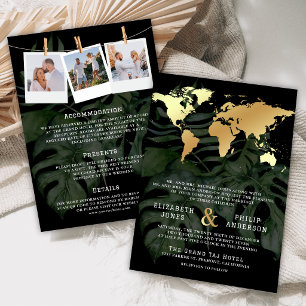 Black Gold Tropical Destination World Map Wedding Invitation