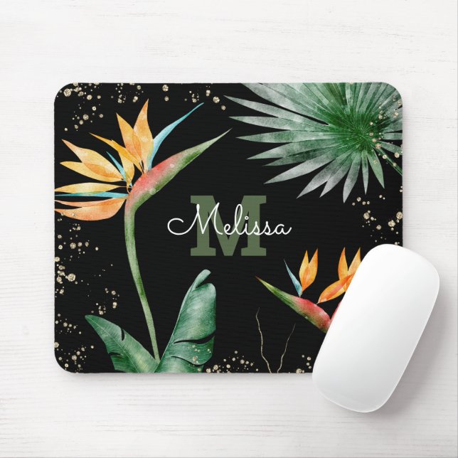Black Gold Tropical Foliage Palm Monogram Script Mouse Pad (With Mouse)