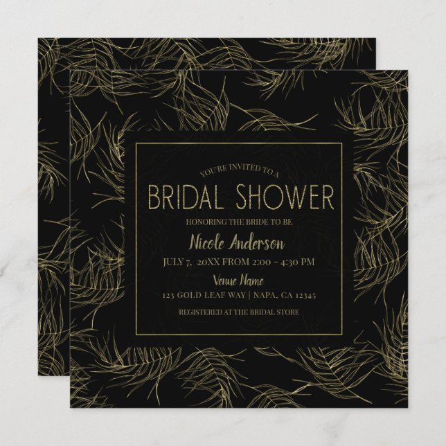 Black & Gold Tropical Glam Leaves Bridal Shower Invitation (Front/Back)