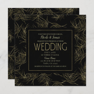 Black & Gold Tropical Glam Leaves Wedding Invitation