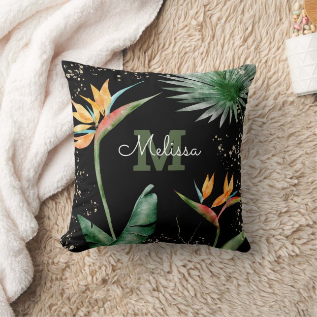 Black Gold Tropical Island Floral Monogram Script Cushion (Blanket)