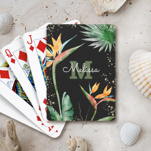 Black Gold Tropical Island Floral Monogram Script  Playing Cards