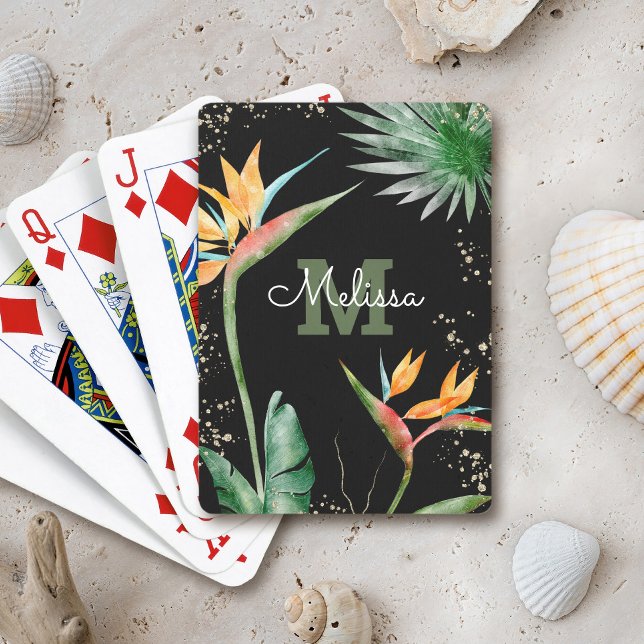 Black Gold Tropical Island Floral Monogram Script  Playing Cards (Creator Uploaded)