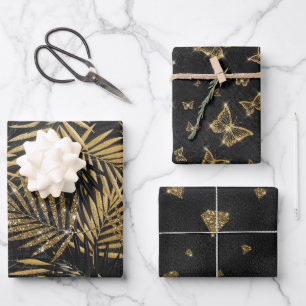 BLACK & GOLD TROPICAL LEAVES BUTTERFLIES DIAMONDS WRAPPING PAPER SHEET
