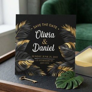 Black Gold Tropical Leaves Glam Modern Wedding Save The Date