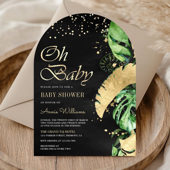 Black Gold Tropical Monstera Palm Arch Baby Shower Invitation (Creator Uploaded)