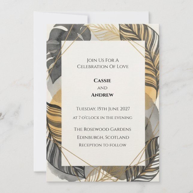 Black Gold Tropical Palm Leaf Wedding Invitation (Front)