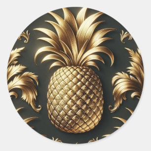 Black & Gold Tropical Pineapple Luxurious Wedding Classic Round Sticker