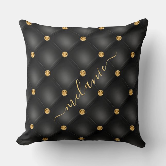 Black Gold Tufted Throw Pillow Personalised Name (Front)