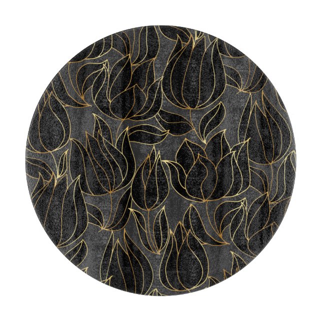 Black Gold Tulips: Luxury Floral Pattern Cutting Board (Front)