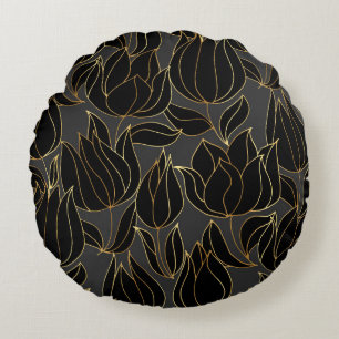 Black Gold Tulips: Luxury Floral Pattern Round Cushion