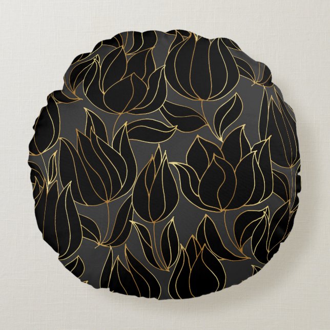 Black Gold Tulips: Luxury Floral Pattern Round Cushion (Front)