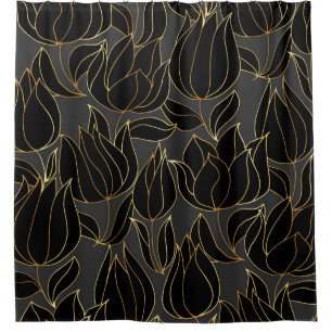 Black Gold Tulips: Luxury Floral Pattern Shower Curtain