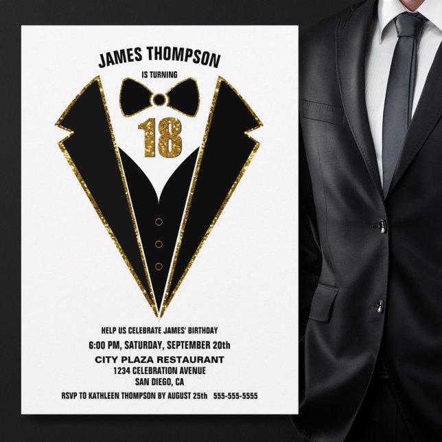 Black Gold Tuxedo 18th Birthday Party Invitation (Creator Uploaded)