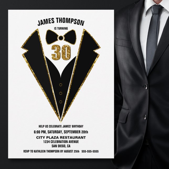 Black Gold Tuxedo 30th Birthday Party Invitation (Creator Uploaded)