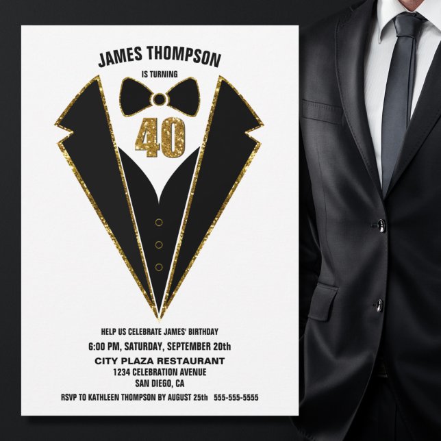 Black Gold Tuxedo 40th Birthday Party Invitation (Creator Uploaded)