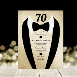 Black Gold Tuxedo Mens 70th Birthday Party Invite