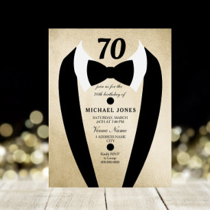 Black Gold Tuxedo Mens 70th Birthday Party Invite