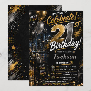 Black Gold Twenty‑First Birthday Party Invitation