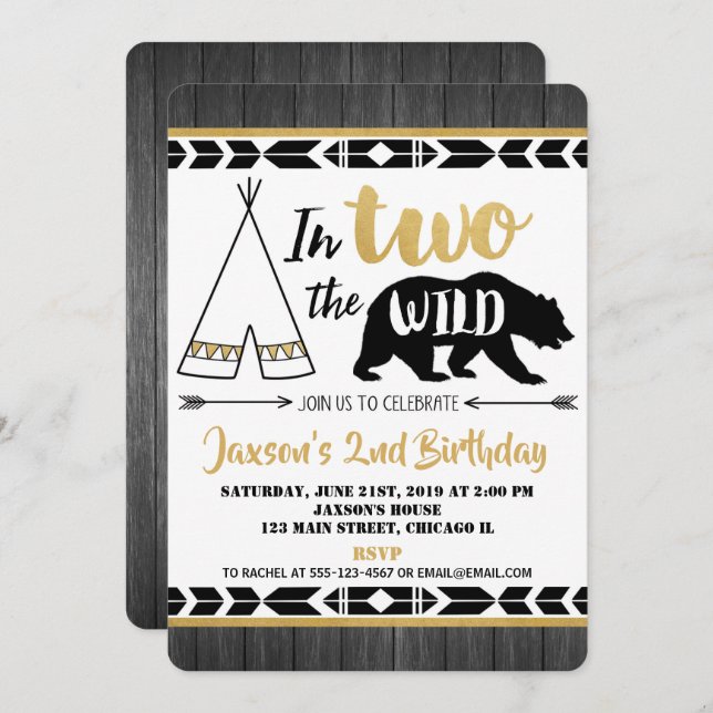 black gold two wild 2nd birthday invitation boy (Front/Back)