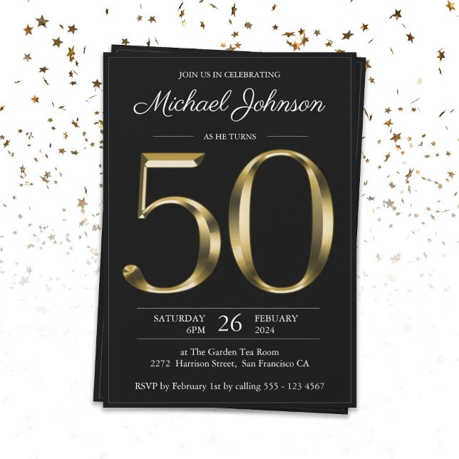 Black Gold Typography 50th Birthday Party Invitation (Creator Uploaded)