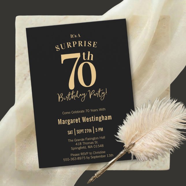 Black Gold Typography Surprise 70th Birthday Invitation (Creator Uploaded)