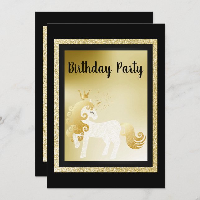 Black Gold Unicorn Birthday Party Invitation (Front/Back)