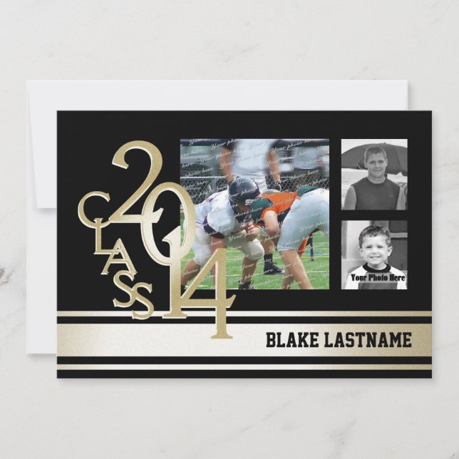 Black Gold Varsity Stripe Graduate Tri Photo 2014 Invitation (Front)