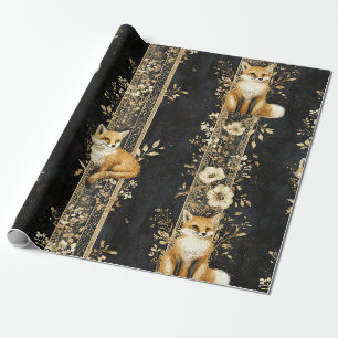 Black Gold Victorian Fox Botanical Pattern Wrapping Paper