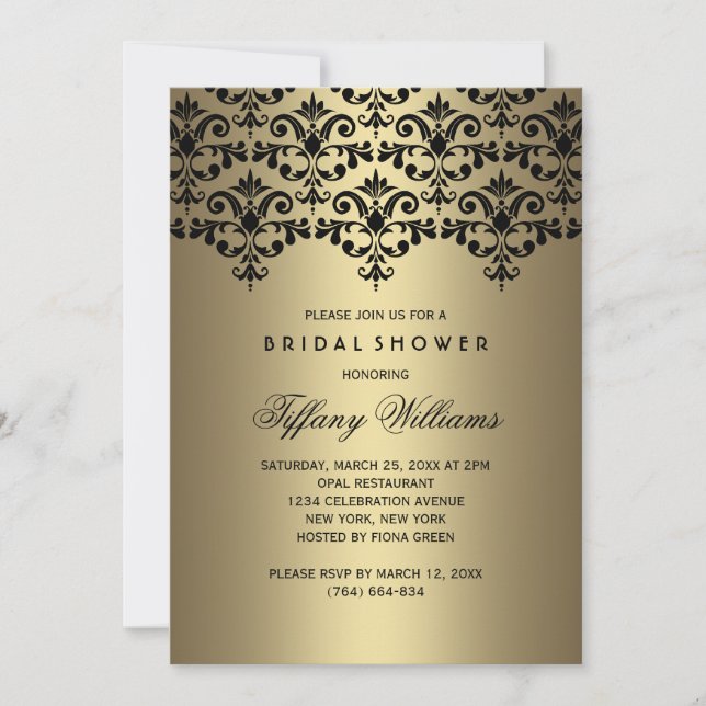 Black & Gold Vintage Damask Bridal Shower Invite (Front)