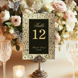 Black Gold Vintage Elegant Script Floral Wedding  Table Number