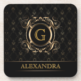 Black & Gold Vintage Frame Design 4-Monogram Coaster