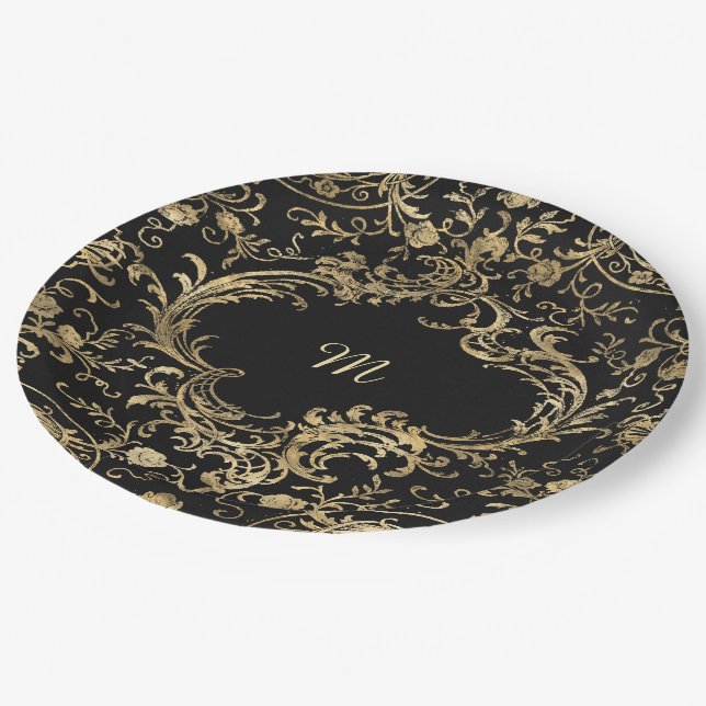 Black gold Vintage Ornate Gold Paper Plate (Angled)